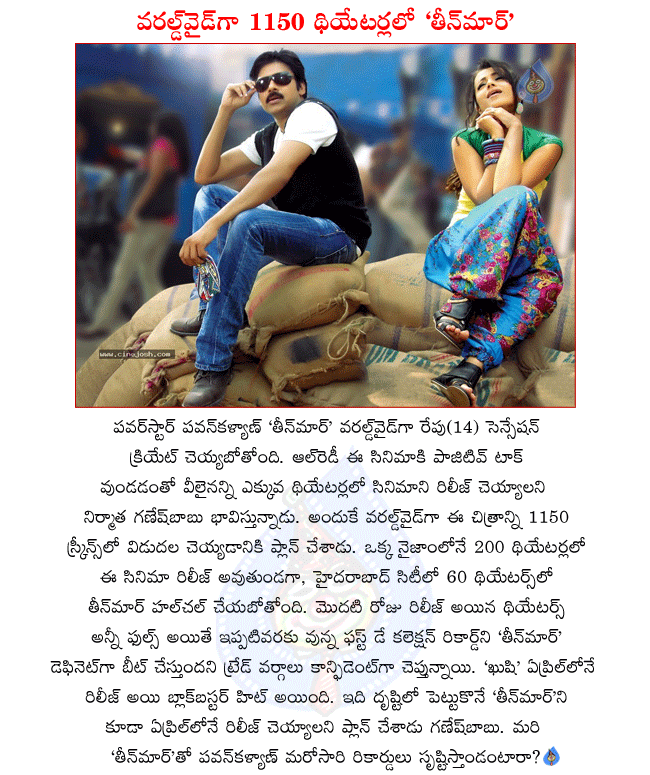 pawan kalyan latest movie teen maar,telugu movie teenmaar,teenmaar releasing worldwide 1150 theatres,teenmaar 200 theatres in nizam,teenmaar releasing in 60 theatres in hyderabad,teemaar first day record collections,teenmaar talk,teenmaar review  pawan kalyan latest movie teen maar, telugu movie teenmaar, teenmaar releasing worldwide 1150 theatres, teenmaar 200 theatres in nizam, teenmaar releasing in 60 theatres in hyderabad, teemaar first day record collections, teenmaar talk, teenmaar review